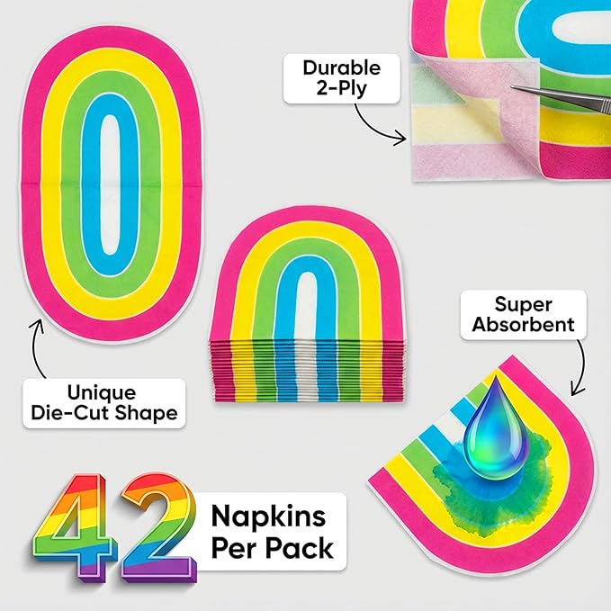 Rainbow Paper Napkins 42 Pcs - Disposable Cocktail Napkins for Party, Birthday & Wedding - Absorbent Beverage & Dinner Napkins Disposable for Everyday Use, Bar Supplies