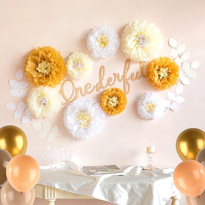 Fonder Mols Tissue Paper Chrysanth Flowers with Butterfly and Olive Leaves for Wedding Baby Shower Nursery Room Parties & Events Decorations Pom Poms (White Ivory Khaki)