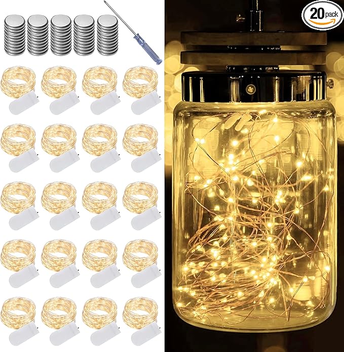 20 Pack Warm White Battery Operated Fairy Lights, 7ft 20 LED Mini String Lights, Copper Wire Twinkle Firefly Starry Lights for Mason Jars, Wedding, Party, Christmas, Table Centerpiece & Bedroom Decor