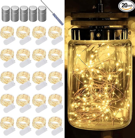 20 Pack Warm White Battery Operated Fairy Lights, 7ft 20 LED Mini String Lights, Copper Wire Twinkle Firefly Starry Lights for Mason Jars, Wedding, Party, Christmas, Table Centerpiece & Bedroom Decor