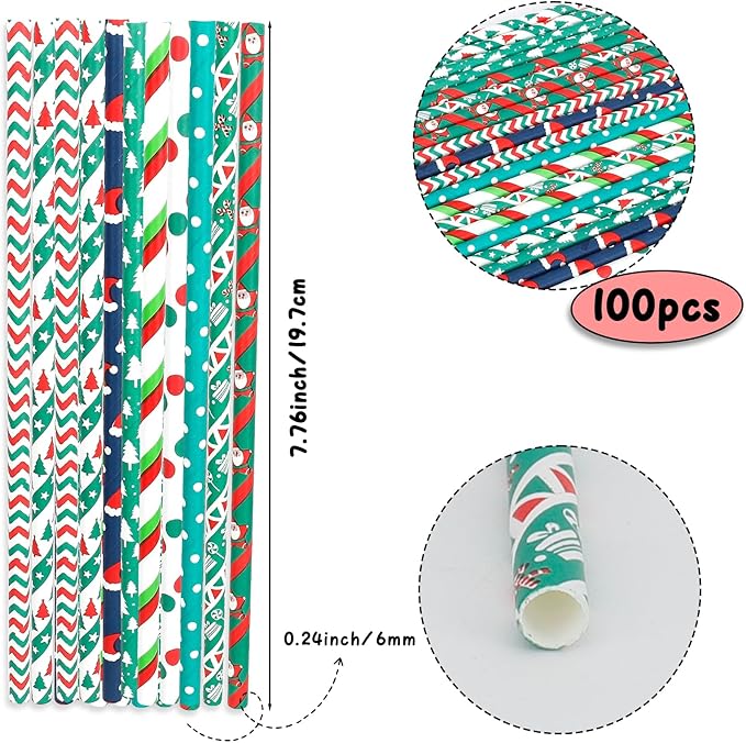 100 Pack Christmas Biodegradable Paper Straws, Red & Green Striped Holiday Drinking Straws, Non-Soggy, Party Supplies for Xmas Decorations, Santa, Festive Celebrations