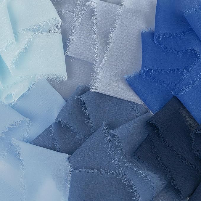 Handmade Fringe Chiffon Silk Ribbon - 1.5 Inch x 3Yd, Multi-Blue (Baby, French, Dusty, Dark, Royal, Navy) for Wedding Invitation, Flower Bouquets, Gift Wrapping, Baby Shower