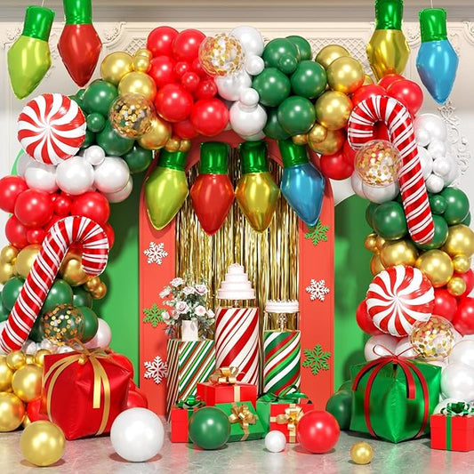 164Pcs Christmas Balloon Arch Garland Kit Xmas Red White Green Gold Latex Balloons Light Bulb Candy Cane Gift Box Foil Balloons Arch Kit for Christmas New Year Party Birthday Party Decorations