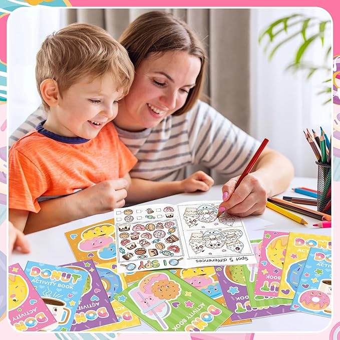 Donut Activity Books for Kids - 24Pcs Cute Doughnut Mini Game Coloring Booklet Bulk Maze Word Scramble Word Search Games for Birthday School DIY Activity Supplies Classroom Reward Goodies Bag Stuffer