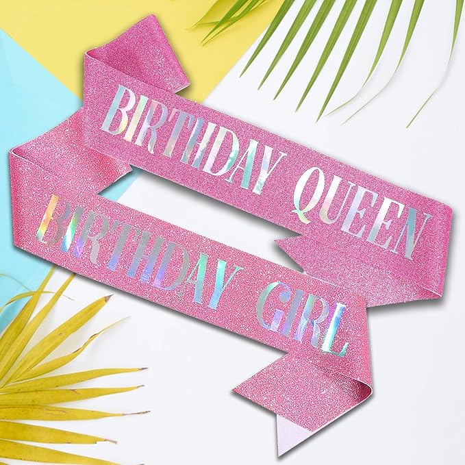 Birthday Queen Sash Pink, Dazzle Foil Letter Glitter Birthday Sash for Women 21st 30th 40th 50th 60th Gifts Fun Bday Party Favors Decorations