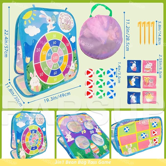 Easter 3 in 1 Bean Bag Toss Games, Easter Party Games Outdoor with Easter Egg Bunny Chick Pattern and Scores, Easter Spring Games and Activities for Family Toss Game