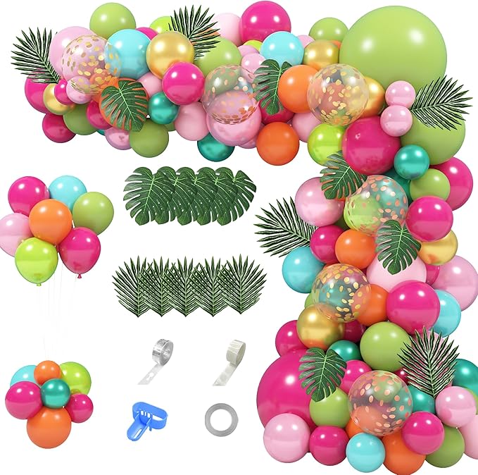 158Pcs Tropical Balloon Arch Garland Kit, Hawaiian Luau Aloha Flamingo Party Decorations Olive Green Hot Pink Orange Rose Gold Confetti Balloons Palm Leaves Birthday Baby Shower Summer Beach Supplies