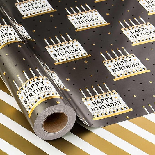 MAYPLUSS Birthday Cake Wrapping Paper Roll - 17 Inch X 33 Feet - Elegant Metallic Charcoal Grey Birthday Cake Pattern Reversible Boy Gift Wrap Paper for Men, Baby Shower, Father's Day, Party