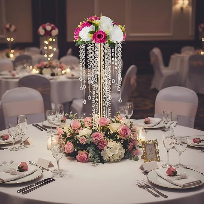 21.6in Gold Wedding Centerpieces for Table, 2Pcs Tall Vases Wedding Centerpieces with Sparkling Crystal Beads, Metal Flower Stand for Wedding Reception Party Events Home Decor
