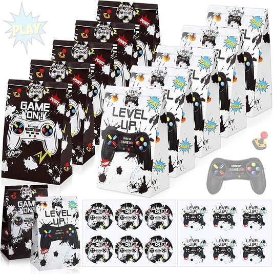 Geosar 30 Pack Video Game Party Favor Paper Bags Game on Goodie Candy Gift Bags with 30 Stickers Level up Reusable Goodie Treat Snacks Supplies for Boys Kids Gaming Birthday Party(White, Black)