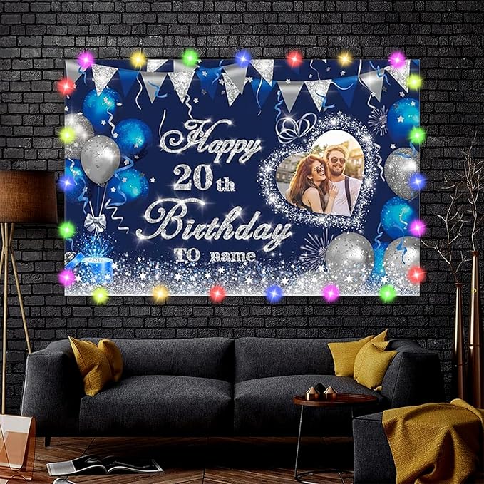 Dicodes Custom Navy Blue and Silver Theme Birthday Banner for Party Happy Birthday Backdrop Decoration Personalized with Name and Photo