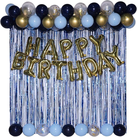 Blue Gold Birthday Decorations Happy Birthday Banner Blue Streamers Fringe Backdrop Blue Gold Birthday Party Decorations for Men