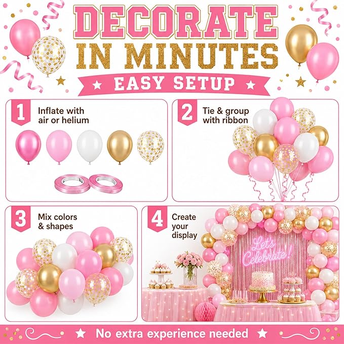 Pink and Gold Balloons 60PCS Pink White and Gold Balloon Set, 12 Inch Metallic Golden Confetti Latex Balloons for Women Girls Birthday Baby Shower Bridal Shower Wedding Princess Party Decor