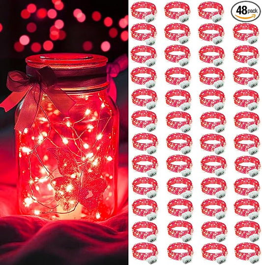 AIKEI 48 Pack LED Fairy Lights Battery Operated, Fairy String Lights 3 Modes Waterproof 7 Feet 20 Led Firefly Starry Lamps for Wedding Party Bedroom Garden Valentines Christmas Decoration Red
