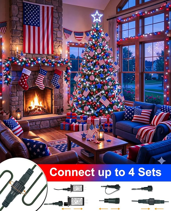Red White and Blue String Lights, 80FT 240 LED 4th of July Lights Waterproof, Plug in 8 Modes Connectable Patriotic Fairy Light for Independence Day Indoor Patio Tree Party Decorations