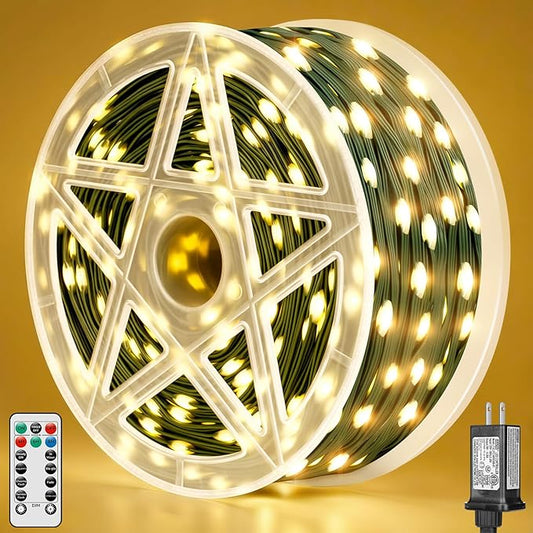 Brightever LED Christmas Tree Lights - 900 Bulbs 295FT, Plug-in Outside Christmas Light with Remote, 8 Lighting Modes, 3 Timers, Dimmable, LED Light Decor for Xmas Tree, Car, Fence (Warm White)