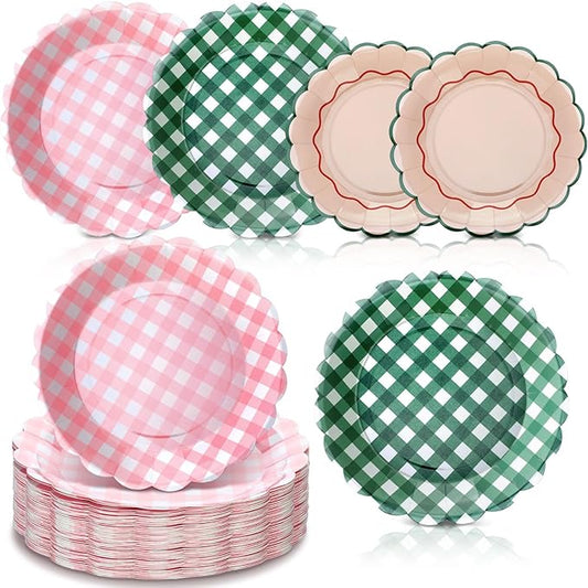 Pickmesh 100 Pcs Camp Gingham Paper Plates Disposable Round Plaid Plates Camp Bachelorette Party Supplies Checked Cocktail Dinner Dessert Tableware for Witch Wedding Birthday Baby Bridal Shower