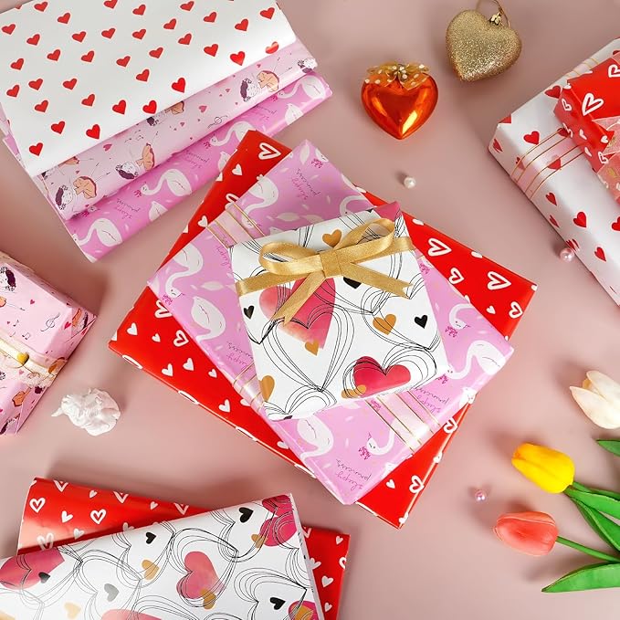 10 Sheets Pink Red Heart Birthday Gift Wrapping Paper, Valentine's Day Wrapping Paper Sheets for Women Girls, Gift Wrapping Paper for Birthday Mother’s Day Baby Bridal Shower Wedding, 19.7x27.6Inch