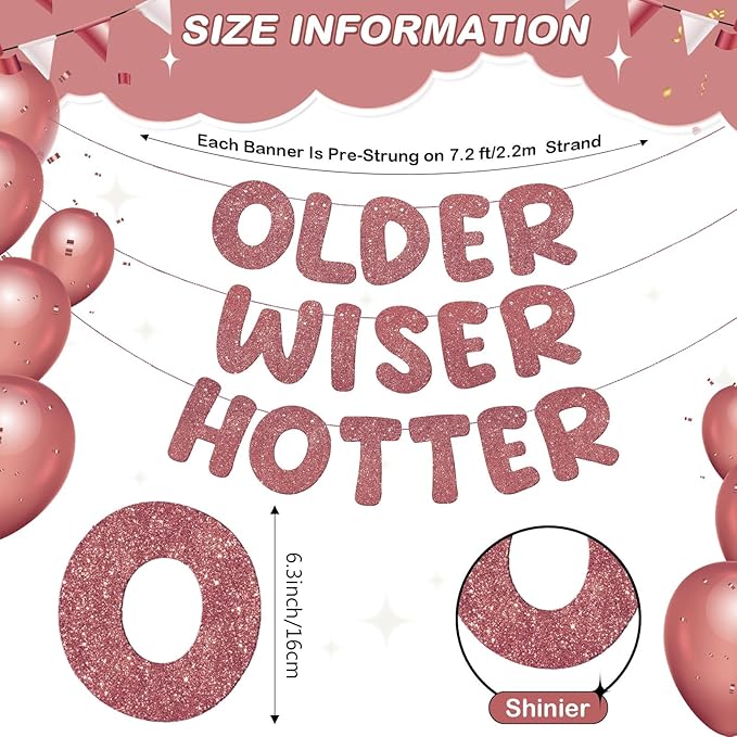 Fulmoon Set of 3 Pre Strung Older Wiser Hotter Glitter Banner Funny Birthday Banner for Women 30th 40th 50th 60th 70th 80th Birthday Party Decorations Sign Gift(Deep Rose Gold)