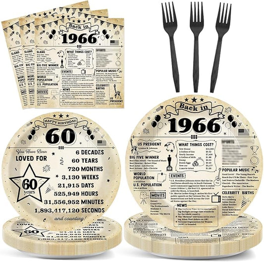CHUNNIN 96Pcs 60th Birthday Plates and Napkins Back in 1966 Party Decorations Vintage 60 Year Old Party Dessert Plates 1966 Birthday Tableware for 24 Guests 60th Theme Men Woman Bday Parties Supplies