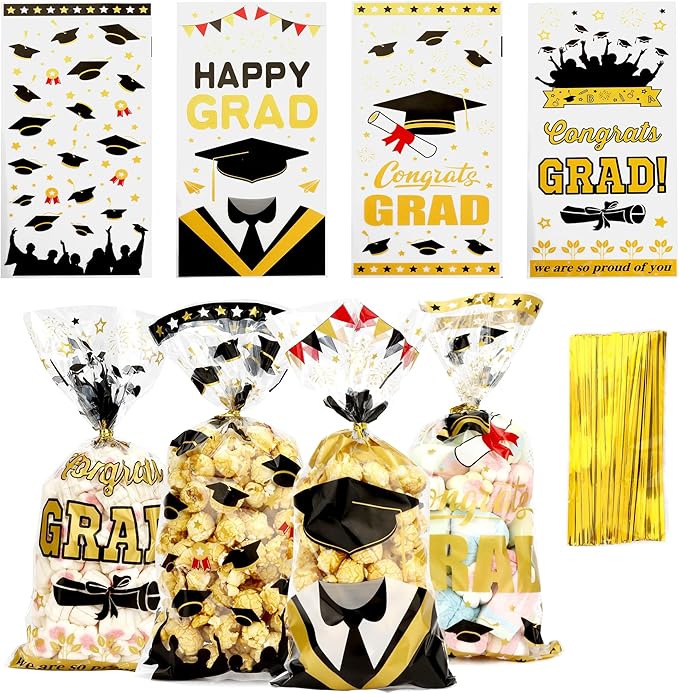 Leislam Graduation Treat Bags, Graduation Cellophane Treat Bags, 200 PCS Graduation Gift Bags, Graduation Cello Candy Cookie Bags with 200 Pcs Gold Ties for Graduation Party Favors Supplies, 4 Styles