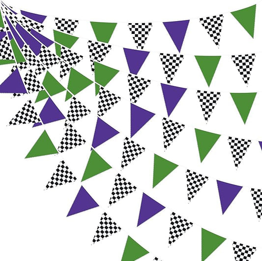 32Ft Monster Truck Party Decorations Purple Green and Black White Checkered Race Car Triangle Flag Pennant Banner Fabric Garland Streamer for Kids Racing Birthday NASCAR Party Baby Shower Decor