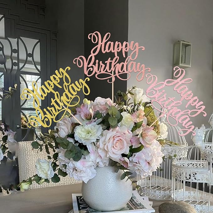 12 PCS Happy Birthday Centerpieces Sticks Double Sided Glitter Birthday Party Decorations Anniversary Table Flower Centerpiece for Celebrating Birthday Party Centerpieces Supplies Multi 4 Colors