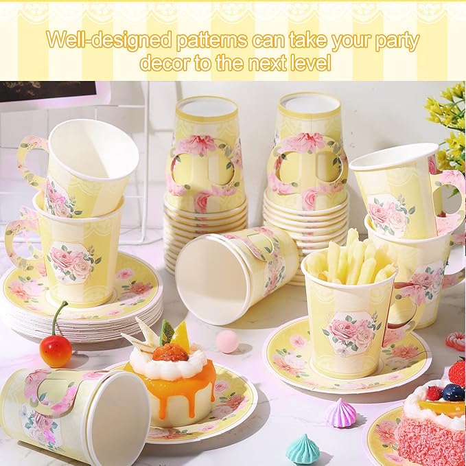 Zopeal 100 Pcs Disposable Tea Party Decorations 9 oz Floral Paper Cup with Handle and Saucer Set for Mother Day Wedding Birthday Spring Princess Blossom Party Baby Shower Supplies(Light Yellow)