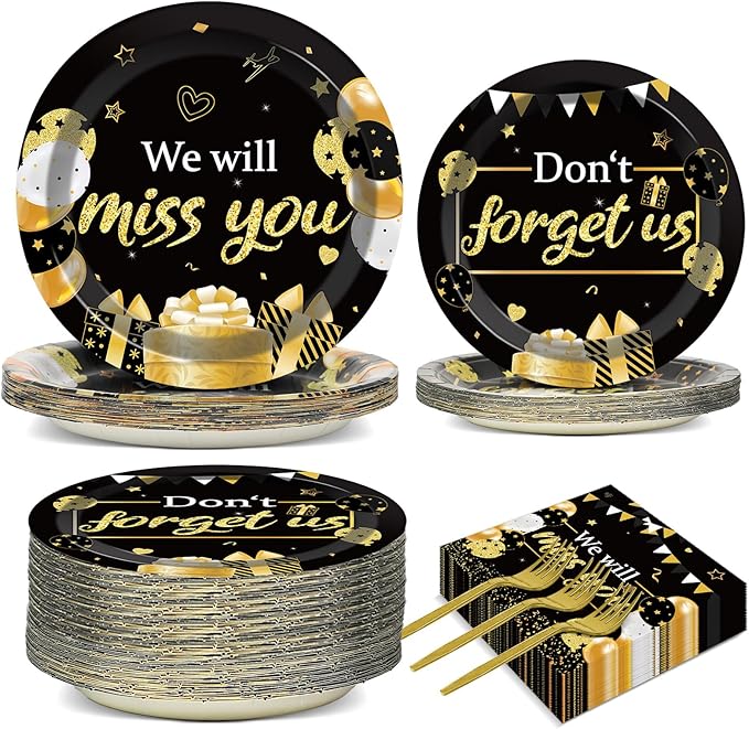 50 Guests We Will Miss You Plates and Napkins Party Supplies Farewell Party Decoration Disposable Paper Cake Tableware Set Black and Gold Goodbye Party Dinnerware Favor for Employee Retirement, 200PCS