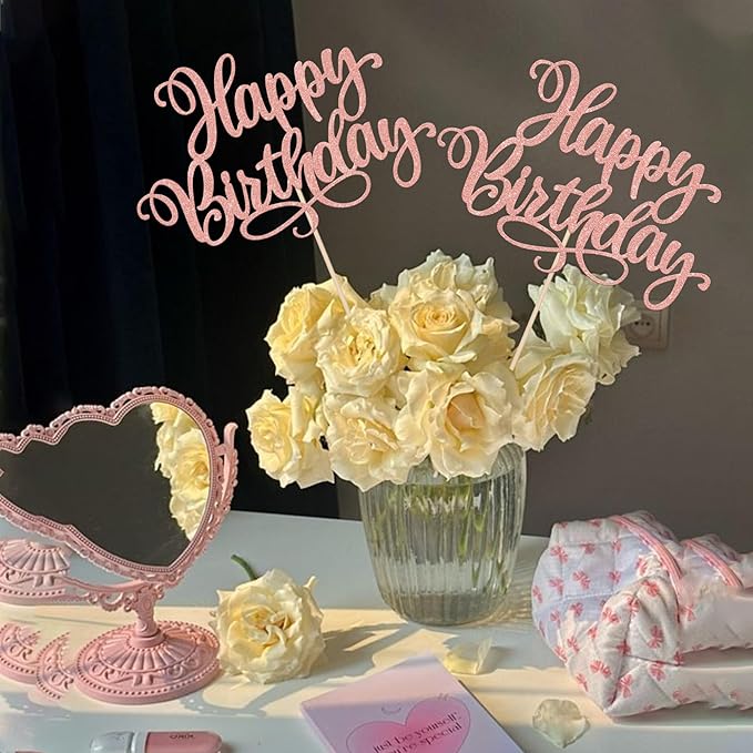 12 PCS Happy Birthday Centerpiece Sticks Double Sided Glitter Happy Birthday Table Flower Centerpieces Decorations for Celebrating Anniversary Theme Party Centerpieces Supplies Rose Gold