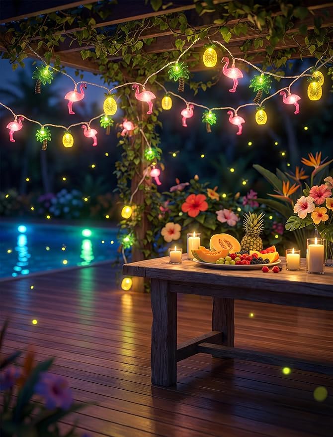 12Ft Summer Beach String Lights with 20 LED Pineapple Flamingo Palm Tree Lights, Plug in Luau Pool Decor for Hawaii Theme Indoor Outdoor Tropical Party Decorations
