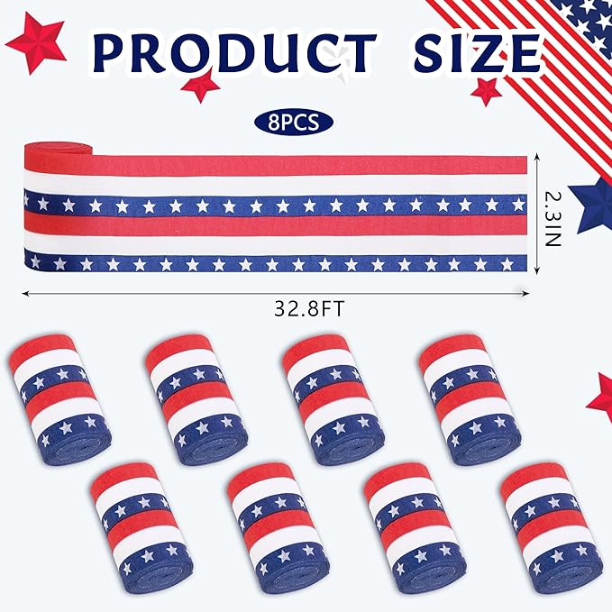 Tlswshsy 8 Rolls Patriotic Crepe Paper Streamers, 262 ft Red White Blue Crepe Rolls, Independence Day Paper Streamer Decoration for 4th of July Memorial Day American Theme Party Decor DIY Crafts