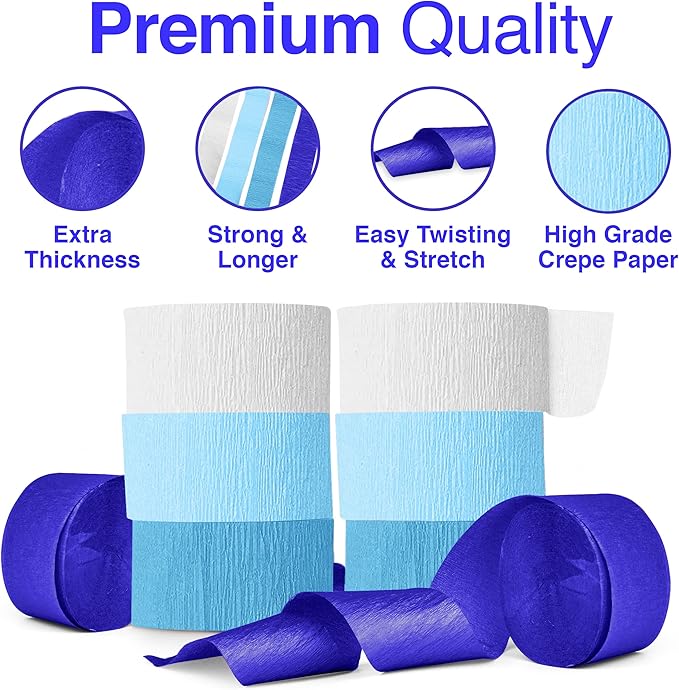 Blue Crepe Paper Streamers, Blue Party Decorations - 8 Large Rolls, 2in x 120ft Each Roll - Decorative Creped Roll for Birthday, Festival, Wedding, Backdrop or Photo Booth Decoration and Flower Making