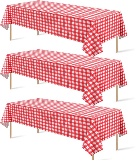 3 Pack Red and White Plastic Checkered Tablecloth, Premium Decorative Disposable Red Gingham Plaid Table Cloths for Parties, Rectangle Party Table Cover for Picnic Farm Birthday Wedding, 54x108 Inch