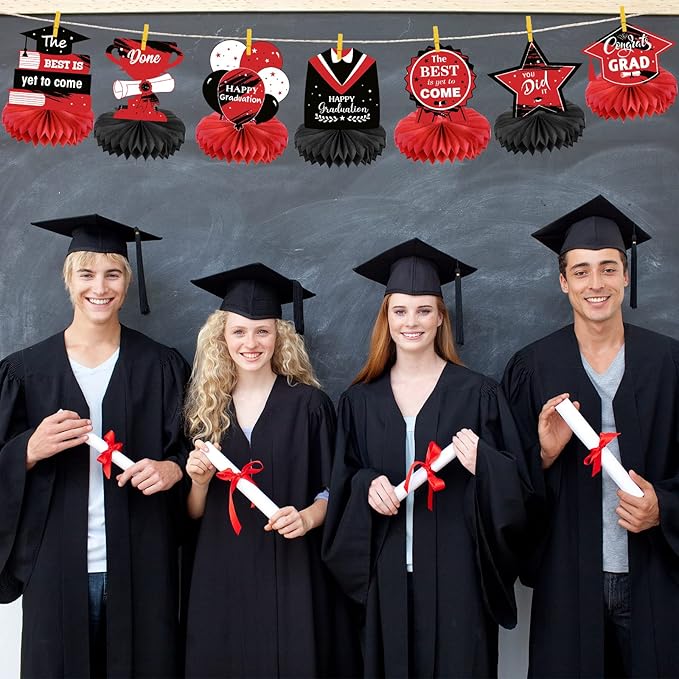 Honoson 12 Pcs 2026 Graduation Party Decorations Class of 2026 Congrats Grad Table Centerpieces Congratulate Graduation Honeycomb Table Toppers for Grad Party Favor Supplies(Red, Black)