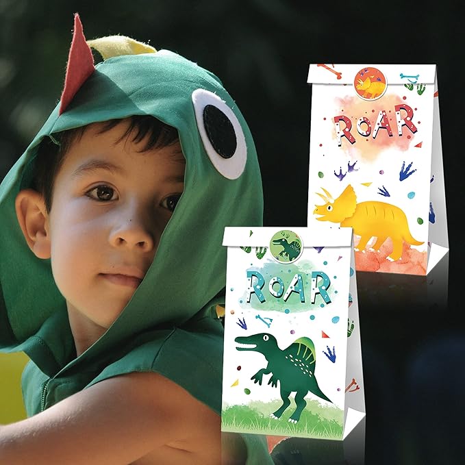24Pcs Dinosaur Party Favor Bags with 36 Stickers, Watercolor Dino Kraft Paper Gift Bags ,Jurassic Dino Goodie Bags for Kids Birthday,Baby Shower, Dinosaur Themed Party Supplies Decorations