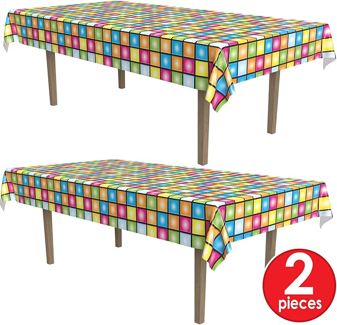Beistle Pack of 2 Multicolored Disco Rectangular Plastic Tablecloths, 70s Themed Party Decorations, Disco Dance Party Supplies, 108" x 54"