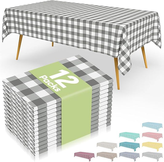 Smiry 12 Packs Gingham Disposable Table Cloth, 54 x 108 Inch Waterproof Plastic Tablecloth, Rectangle Grey and White Checkered Table Covers for Picnic, Birthday, Party