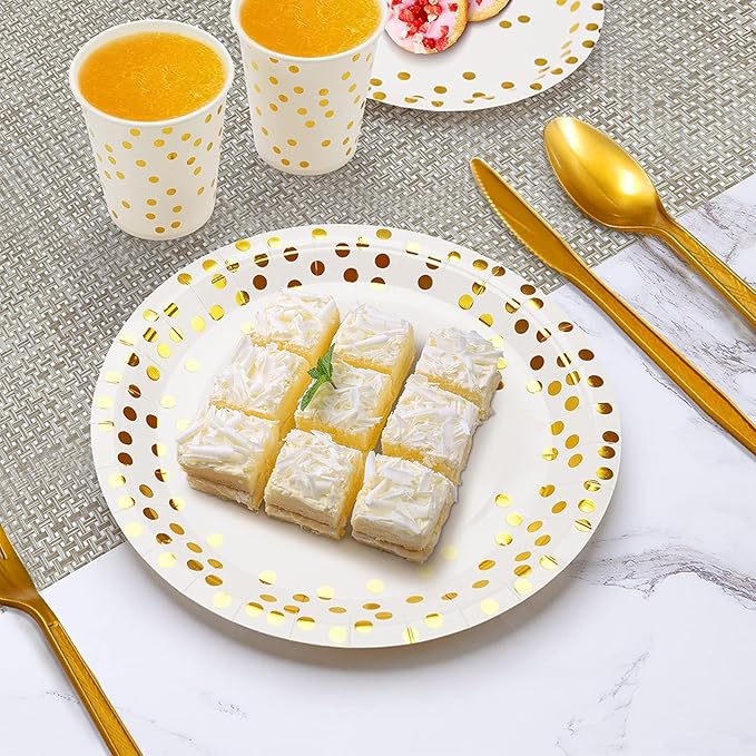 350PCS Gold Party Supplies for 50 Guests, Disposable Party Decorations Dinnerware Paper Plates Cups Napkins Gold Plastic Forks Knives Spoons for Wedding Birthday Graduation