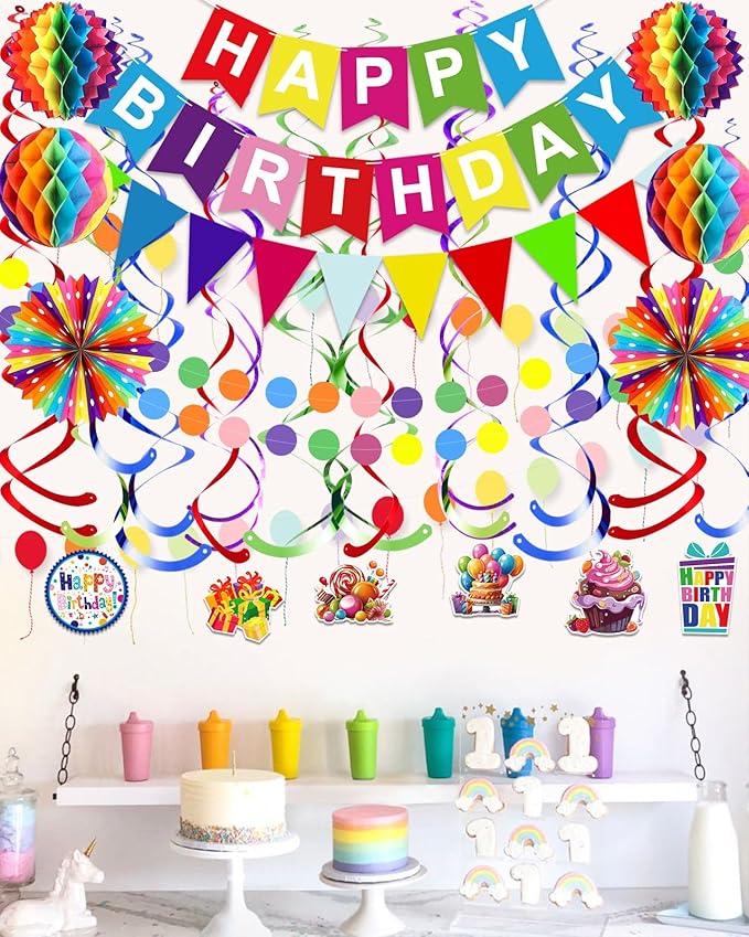 Pre-Strung Colorful Happy Birthday Banner Paper Triangle Flag Bunting Circle Confetti Dots Hanging Garland And Honeycomb Ball Swirl Streamers for Birthday Baby Shower Party Decoration
