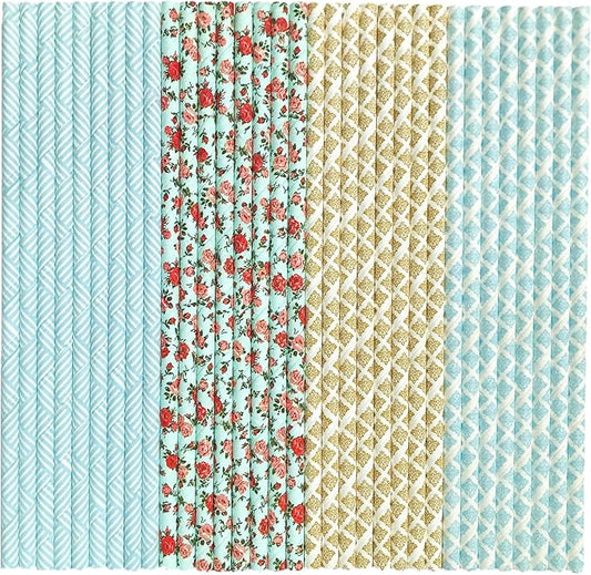 100 pcs Mixed Colorful Flower Paper Straws Bulk, Disposable Light Blue Chevron Gold Damask Red Rose Floral Drinking Straws, Garden Tea Party Boy Baby Shower Wedding Cake Pop Sticks (Vintage Bouquet)