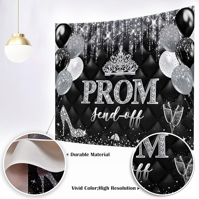 Mocsicka Prom Send Off 2026 Backdrop Crown Graduation Prom Night Party Decorations Banner Silver Balck Dancing Send Off Photography Background Photo Booth Supplies (Silver, 10x8ft(120''x96''))