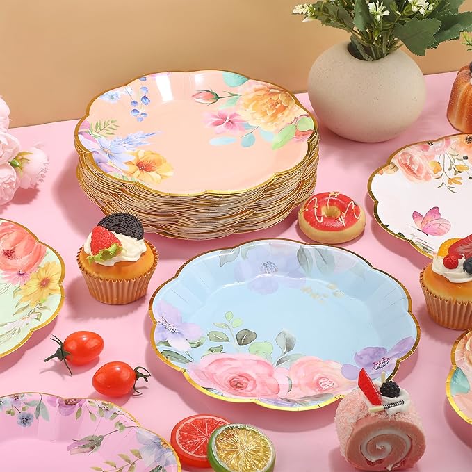 Kochorie 72 Pieces Floral Paper Plates, 9 Inch Floral Tea Party Disposable Plates, Wildflower Scalloped Dessert Plate for Birthday Baby Shower Wedding Garden Afternoon Decorations, 6 Styles