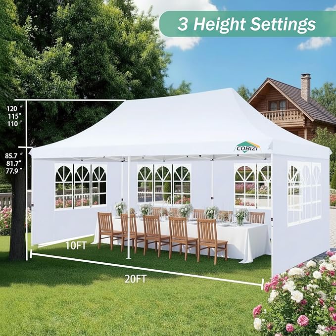 COBIZI 10x20 Pop Up Canopy with 6 Sidewalls, Conical Canopy Tents for Parties, Backyard, Commercial, Waterproof Event Tent Instant Shelter UV50+ Outdoor Gazebo with 4 Sandbags (Peak Drainage)