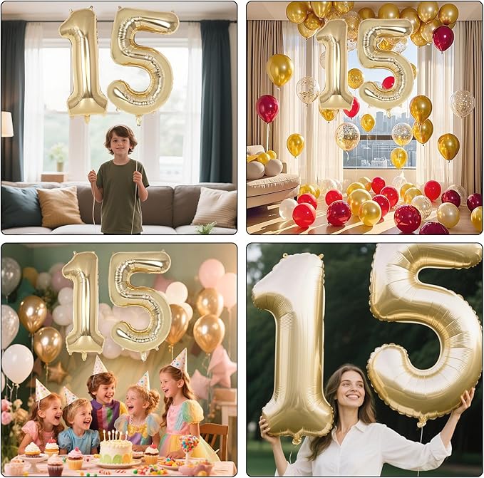 Champagne Gold Large Number 15 Balloon, 40 Inch Light Gold Foil Helium Number Balloons, Giant Mylar Number 15 Balloons for 15 Years Old Birthday Party Anniversary Decorations (Champagne Gold 15)