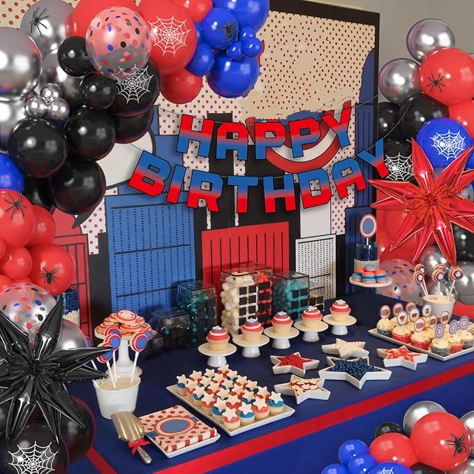 162Pcs Black Red and Blue Balloon Arch Garland Kit, Spider Theme Party Decorations with Star Foil Balloons Happy Birthday Banner for Man Boy Kids Spider Baby Shower Birthday Party Decor Supplies