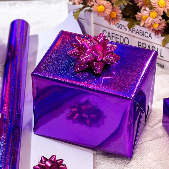 Burymento Purple Wrapping Paper Roll, Metallic Holographic Point Gift Wrap for Birthday, Valentines, Mothers day, Graduation, Wedding, Fathers day, Baby Shower, Christmas (17 IN x 32.8 FT)