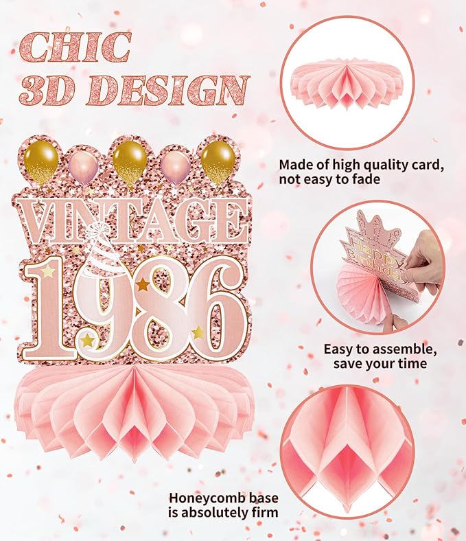 9 Pcs 40th Birthday Decoration for Women Happy 40th Birthday Table Honeycomb Decorations Rose Gold Pink Centerpieces Tables Toppers1986 Decor Cheers to 40 Years Old Birthday Party Favors