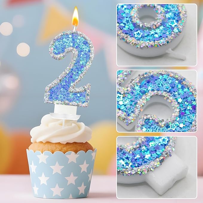 Blue Star Number 2 Candle for Cake Decoration, Glitter Star Cake Topper, Shaker Style Number Candle for Anniversary Celebration Party Supplies