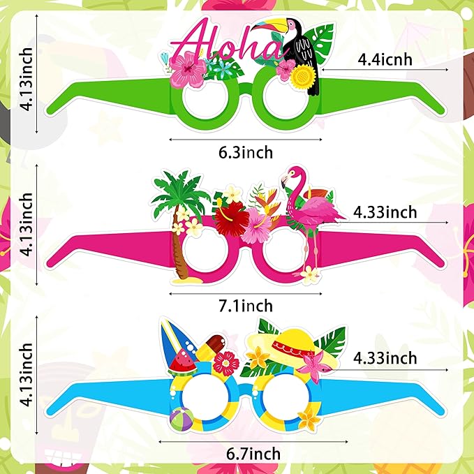 Moon Boat 60Pcs Hawaiian Luau Paper Glasses for Adults Bulk, Summer Beach Party Photo Props Hawaii Tiki Tropical Pool Sunglasses Decorations Supplies